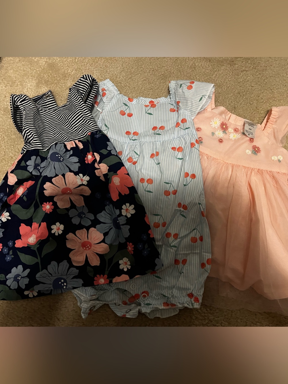 3 Pack 6 months Baby Girl Sundresses - Floral, Cherry Stripe & Peach Tulle